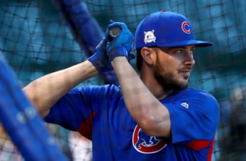 CHICAGO, IL – OCTOBER 18: Kris Bryant #17 of the Chicago Cubs warms up before game four of the National League Championship Series against the Los Angeles Dodgers at Wrigley Field on October 18, 2017 in Chicago, Illinois. (Photo by Stacy Revere/Getty Images)