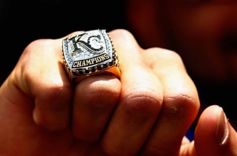 KANSAS CITY, MISSOURI – APRIL 05: A detail of a 2015 World Series Championship ring presented to Kansas City Royals players during a ring ceremony prior to the game between the Royals and the New York Mets at Kauffman Stadium on April 5, 2016 in Kansas City, Missouri. (Photo by Jamie Squire/Getty Images)