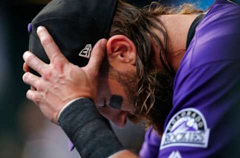 PHILADELPHIA, PA – MAY 22: Charlie Blackmon #19 of the Colorado Rockies sits in the dugout before a game against the Philadelphia Phillies at Citizens Bank Park on May 22, 2017 in Philadelphia, Pennsylvania. (Photo by Rich Schultz/Getty Images)