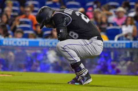 MIAMI, FL – AUGUST 13: Nolan Arenado #28 of the Colorado Rockies is hit by a pitch in the fifth inning during the game between the Miami Marlins and the Colorado Rockies at Marlins Park on August 13, 2017 in Miami, Florida. (Photo by Mark Brown/Getty Images)