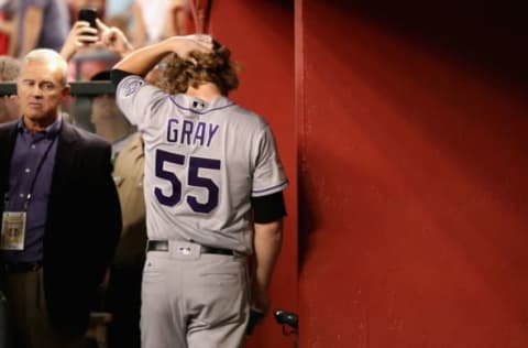 PHOENIX, AZ – OCTOBER 04: Jon Gray #55 of the Colorado Rockies walks in the dugout after being pulled from the game in the bottom of the second inning of the National League Wild Card game against the Arizona Diamondbacks at Chase Field on October 4, 2017 in Phoenix, Arizona. (Photo by Christian Petersen/Getty Images)