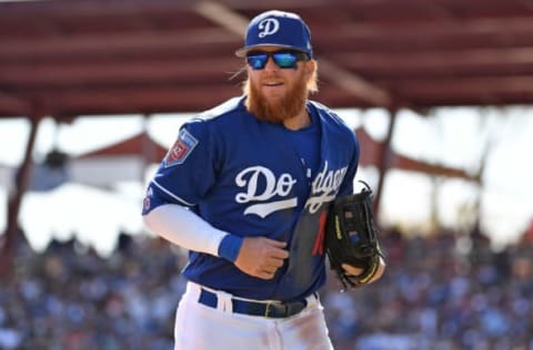 GLENDALE, AZ – MARCH 03: Justin Turner #10 of the Los Angeles Dodgers reacts while running off the field in the spring training game against the Arizona Diamondbacks at Camelback Ranch on March 3, 2018 in Glendale, Arizona. (Photo by Jennifer Stewart/Getty Images)