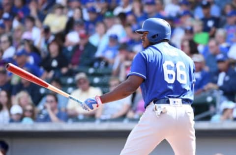 MESA, AZ – MARCH 06: Yasiel Puig #66 of the Los Angeles Dodgers gets ready in the batters box during the first inning of a spring training game against the Chicago Cubs on March 6, 2018 in Mesa, Arizona. (Photo by Norm Hall/Getty Images)