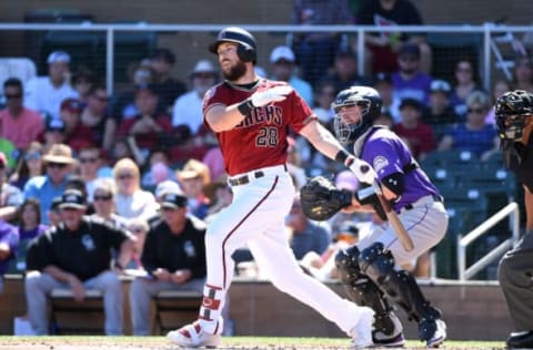 SCOTTSDALE, AZ – MARCH 12: Steven Souza Jr #28 of the Arizona Diamondbacks follows through on a swing during the second inning of a spring training game against the Colorado Rockies at Salt River Fields at Talking Stick on March 12, 2018 in Scottsdale, Arizona. (Photo by Norm Hall/Getty Images)