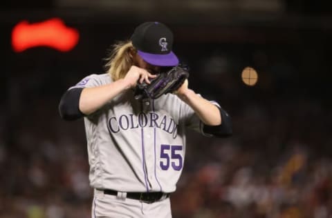 PHOENIX, AZ – MARCH 29: Starting pitcher Jon Gray #55 of the Colorado Rockies reacts as he walks off the mound during the first inning of the opening day MLB game against the Arizona Diamondbacks at Chase Field on March 29, 2018 in Phoenix, Arizona. (Photo by Christian Petersen/Getty Images)