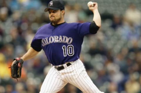 DENVER – MAY 16: Pitcher Mike Hampton #10 of the Colorado Rockies throws a pitch during the MLB game against the Florida Marlins at Coors Field in Denver, Colorado, on May 16, 2002. The Rockies beat the Marlins 10-3. DIGITAL IMAGE (Photo by Brian Bahr/Getty Images)