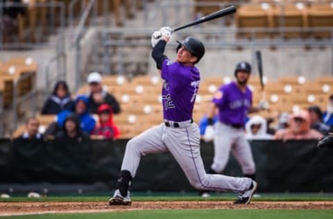 GLENDALE, AZ – FEBRUARY 27: Jordan Patterson #72 of the Colorado Rockies bats in the fourth inning during a spring training game against the Los Angeles Dodgers at Camelback Ranch on February 27, 2017 in Glendale, Arizona. (Photo by Rob Tringali/Getty Images)