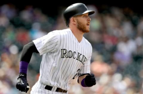 DENVER, CO – MAY 07: Trevor Story #27 of the Colorado Rockies hits a RBI double in the sixth inning against the Arizona Diamondbacks at Coors Field on May 7, 2017 in Denver, Colorado. (Photo by Matthew Stockman/Getty Images)