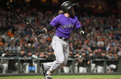 SAN FRANCISCO, CA – SEPTEMBER 19: Charlie Blackmon #19 of the Colorado Rockies hits a two-run rbi double against the San Francisco Giants in the top of the second inning at AT&T Park on September 19, 2017 in San Francisco, California. (Photo by Thearon W. Henderson/Getty Images)