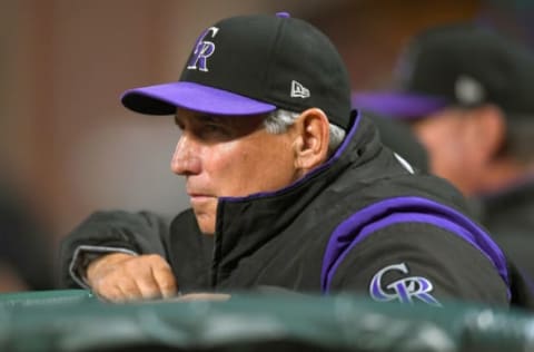 SAN FRANCISCO, CA – SEPTEMBER 19: Manager Bud Black #10 of the Colorado Rockies looks on from the dugout against the San Francisco Giants in the bottom of the third inning at AT&T Park on September 19, 2017 in San Francisco, California. (Photo by Thearon W. Henderson/Getty Images)