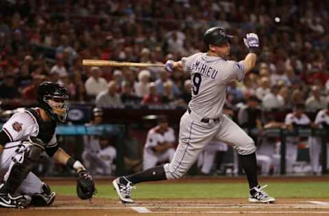 PHOENIX, AZ – MARCH 29: DJ LeMahieu #9 of the Colorado Rockies bats against the Arizona Diamondbacks during the opening day MLB game at Chase Field on March 29, 2018 in Phoenix, Arizona. (Photo by Christian Petersen/Getty Images)