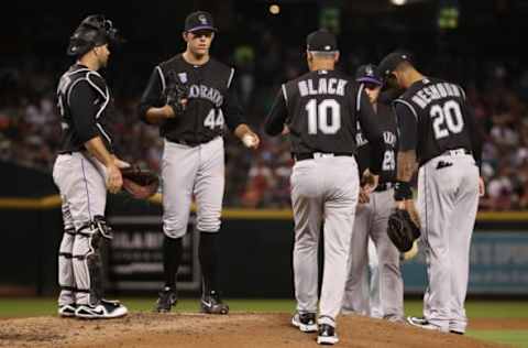 PHOENIX, AZ – MARCH 30: Starting pitcher Tyler Anderson #44 of the Colorado Rockies is removed by manager Bud Black #10 during the third inning of the MLB game against the Arizona Diamondbacks at Chase Field on March 30, 2018 in Phoenix, Arizona. (Photo by Christian Petersen/Getty Images)