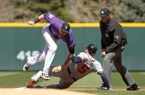 DENVER, CO – APRIL 08: Freddie Freeman #5 of the Atlanta Braves beats the tag of second baseman DJ LeMahieu #9 of the Colorado Rockies for a double in the second inning at Coors Field on April 8, 2018 in Denver, Colorado. (Photo by Matthew Stockman/Getty Images)