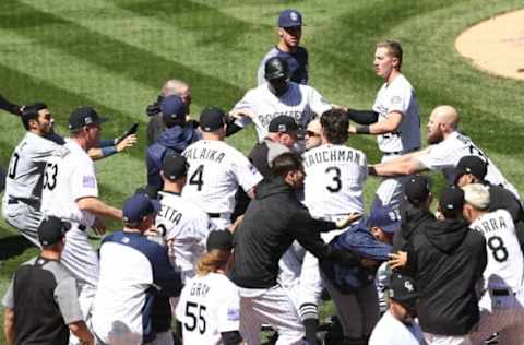 DENVER, CO – APRIL 11: Benches clear as a brawl breaks out between the Colorado Rockies and the San Diego Padres in the third inning at Coors Field on April 11, 2018 in Denver, Colorado. (Photo by Matthew Stockman/Getty Images)