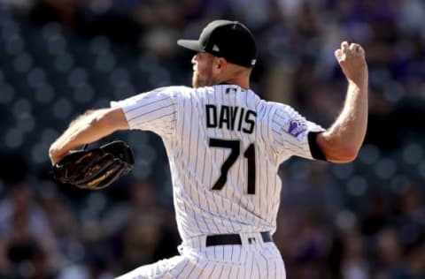 DENVER, CO – APRIL 11: Wade Davis #71 of the Colorado Rockies throws in the ninth inning against the San Diego Padres at Coors Field on April 11, 2018 in Denver, Colorado. (Photo by Matthew Stockman/Getty Images)