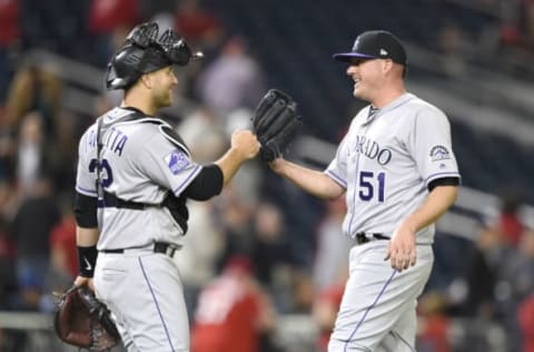 WASHINGTON, DC – APRIL 12: Jake McGee and Chris Iannetta. Getty Images.