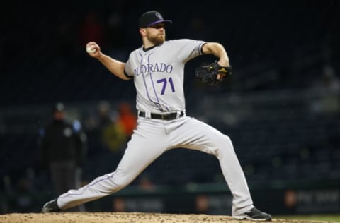 PITTSBURGH, PA – APRIL 17: Wade Davis #71 of the Colorado Rockies pitches in the ninth inning against the Pittsburgh Pirates at PNC Park on April 17, 2018 in Pittsburgh, Pennsylvania. (Photo by Justin K. Aller/Getty Images)