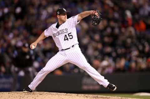 DENVER, CO – APRIL 20: Scott Oberg #45 of the Colorado Rockies throws in the sixth inning against the Chicago Cubs at Coors Field on April 20, 2018 in Denver, Colorado. (Photo by Matthew Stockman/Getty Images)