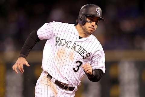 DENVER, CO – APRIL 21: Mike Tauchman #3 of the Colorado Rockies scores on a D.J. LeMahieu RBI double in the fifth inning against the Chicago Cubs at Coors Field on April 21, 2018 in Denver, Colorado. (Photo by Matthew Stockman/Getty Images)