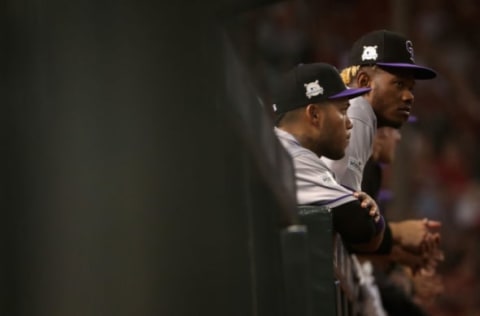 PHOENIX, AZ – OCTOBER 04: Raimel Tapia #7 of the Colorado Rockies watches the action during the first inning of the National League Wild Card game against the Arizona Diamondbacks at Chase Field on October 4, 2017 in Phoenix, Arizona. (Photo by Christian Petersen/Getty Images)