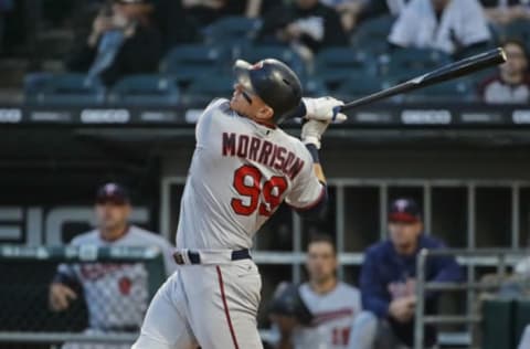 CHICAGO, IL – MAY 04: Logan Morrison #99 of the Minnesota Twins bats against the Chicago White Soxat Guaranteed Rate Field on May 4, 2018 in Chicago, Illinois. The Twins defeated the White Sox 6-4. (Photo by Jonathan Daniel/Getty Images)