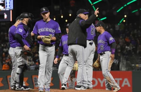 SAN FRANCISCO, CA – MAY 18: Manager Bud Black #10 of the Colorado Rockies signals the bullpen to make a pitching change after taking the ball from pitcher Kyle Freeland #21 against the San Francisco Giants in the bottom of the seventh inning at AT&T Park on May 18, 2018 in San Francisco, California. (Photo by Thearon W. Henderson/Getty Images)