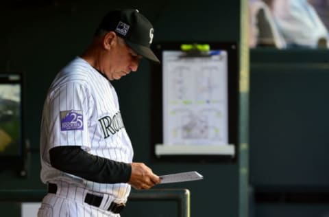 DENVER, CO – JUNE 02: Bud Black #10 of the Colorado Rockies looks over the lineup card during an 8-run inning by the Los Angeles Dodgers during a game at Coors Field on June 2, 2018 in Denver, Colorado. (Photo by Dustin Bradford/Getty Images)