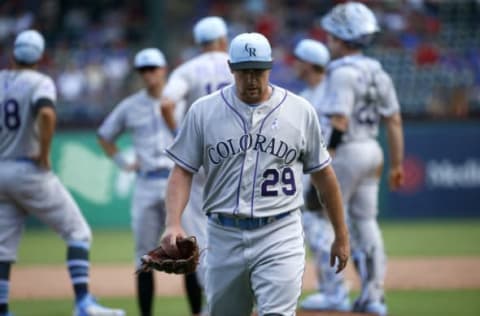 ARLINGTON, TX – JUNE 17: Bryan Shaw #29 of the Colorado Rockies leaves the mound after pitching against the Texas Rangers during the seventh inning at Globe Life Park in Arlington on June 17, 2018 in Arlington, Texas. The Rangers won 13-12. (Photo by Ron Jenkins/Getty Images)