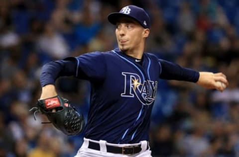 ST PETERSBURG, FL – APRIL 16: Blake Snell #4 of the Tampa Bay Rays pitches during a game against the Texas Rangers at Tropicana Field on April 16, 2018 in St Petersburg, Florida. (Photo by Mike Ehrmann/Getty Images)