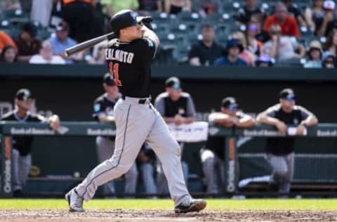 BALTIMORE, MD – JUNE 16: J.T. Realmuto #11 of the Miami Marlins hits a two-run homerun during the third inning at Oriole Park at Camden Yards on June 16, 2018 in Baltimore, Maryland. (Photo by Scott Taetsch/Getty Images)