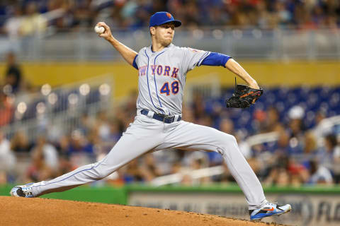 MIAMI, FL – JUNE 30: Jacob deGrom #48 of the New York Mets delivers a pitch in the second inning against the Miami Marlins at Marlins Park on June 30, 2018 in Miami, Florida. (Photo by Michael Reaves/Getty Images)