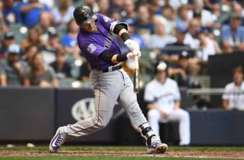 MILWAUKEE, WI – AUGUST 04: Trevor Story #27 of the Colorado Rockies hits a two run home run during the fourth inning of a game against the Milwaukee Brewers at Miller Park on August 4, 2018 in Milwaukee, Wisconsin. (Photo by Stacy Revere/Getty Images)