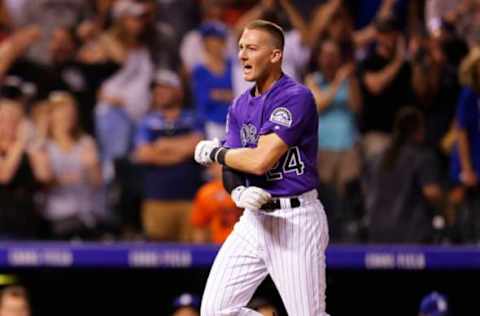 DENVER, CO – AUGUST 11: Ryan McMahon #24 of the Colorado Rockies celebrates hitting a walk-off, three-run home run against the Los Angeles Dodgers at Coors Field on August 11, 2018 in Denver, Colorado. Colorado won 3-2. (Photo by Joe Mahoney/Getty Images)