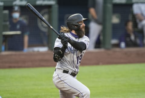 SEATTLE, WA – AUGUST 08: Charlie Blackmon #19 of the Colorado Rockies hits a three-run double off of relief pitcher Joey Gerber #59 of the Seattle Mariners that scored Garrett Hampson #1 of the Colorado Rockies, Trevor Story #27 and Ryan McMahon #24 during the fifth inning of a game at T-Mobile Park on August, 8, 2020 in Seattle, Washington. (Photo by Stephen Brashear/Getty Images)