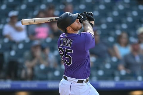 DENVER, CO – AUGUST 22: C.J. Cron #25 of the Colorado Rockies hits a sacrifice fly ball in the eighth inning of a game against the Arizona Diamondbacks at Coors Field on August 22, 2021 in Denver, Colorado. (Photo by Dustin Bradford/Getty Images)