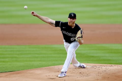 DENVER, COLORADO – AUGUST 05: Starting pitcher Jon Gray #55 of the Colorado Rockies throws in the first inning against the San Francisco Giants at Coors Field on August 05, 2020 in Denver, Colorado. (Photo by Matthew Stockman/Getty Images)