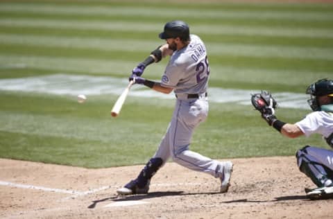 OAKLAND, CA – JULY 29: David Dahl #26 of the Colorado Rockies bats during the game against the Oakland Athletics at RingCentral Coliseum on July 29, 2020 in Oakland, California. The Rockies defeated the Athletics 5-1. (Photo by Michael Zagaris/Oakland Athletics/Getty Images)