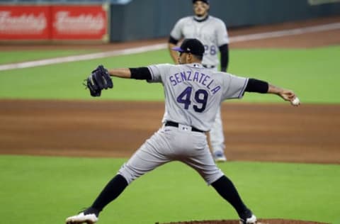 HOUSTON, TEXAS – AUGUST 18: Antonio Senzatela #49 of the Colorado Rockies pitches against the Houston Astros at Minute Maid Park on August 18, 2020 in Houston, Texas. (Photo by Bob Levey/Getty Images)