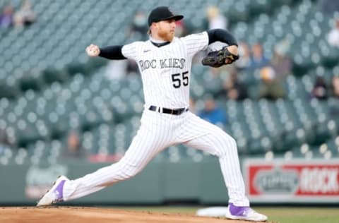 DENVER, COLORADO – APRIL 20: Starting pitcher Jon Gray #55 of the Colorado Rockies throws against the Houston Astros in the first inning at Coors Field on April 20, 2021 in Denver, Colorado. (Photo by Matthew Stockman/Getty Images)