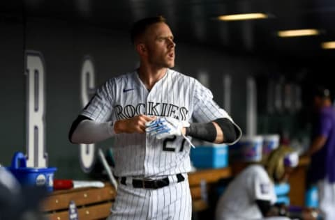 DENVER, CO – JULY 02: Trevor Story #27 of the Colorado Rockies walks through the dugout during a game against the St. Louis Cardinals at Coors Field on July 2, 2021 in Denver, Colorado. (Photo by Dustin Bradford/Getty Images)