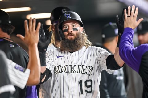 DENVER, COLORADO – SEPTEMBER 7: Charlie Blackmon #19 of the Colorado Rockies celebrates after scoring a run in the fourth inning of a game against the San Francisco Giants at Coors Field on September 7, 2021 in Denver, Colorado. (Photo by Dustin Bradford/Getty Images)