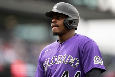 DENVER, COLORADO – MAY 01: Elehuris Montero #44 of the Colorado Rockies looks on during the game against the Cincinnati Reds at Coors Field on May 01, 2022 in Denver, Colorado.(Photo by Kyle Cooper/Colorado Rockies/Getty Images)