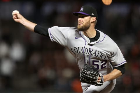 SAN FRANCISCO, CALIFORNIA – JUNE 07: Daniel Bard #52 of the Colorado Rockies pitches against the San Francisco Giants in the ninth inning at Oracle Park on June 07, 2022 in San Francisco, California. (Photo by Ezra Shaw/Getty Images)