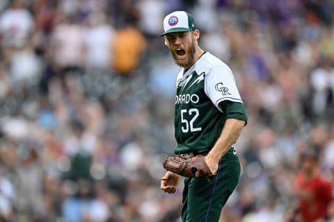 DENVER, CO – JULY 3: Daniel Bard #52 of the Colorado Rockies celebrates after completing the ninth inning of a game with a win against the Arizona Diamondbacks at Coors Field on July 3, 2022 in Denver, Colorado. (Photo by Dustin Bradford/Getty Images)