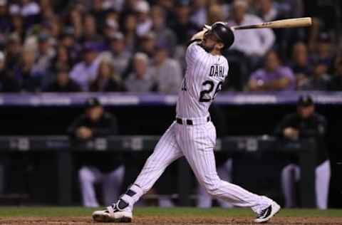 DENVER, CO – SEPTEMBER 25: David Dahl #26 of the Colorado Rockies hits a 3 RBI home run in the third inning against the Philadelphia Phillies at Coors Field on September 25, 2018 in Denver, Colorado. (Photo by Matthew Stockman/Getty Images)