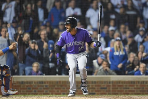 CHICAGO, IL – OCTOBER 02: Ian Desmond #20 of the Colorado Rockies reacts after striking out in the fourth inning against the Chicago Cubs during the National League Wild Card Game at Wrigley Field on October 2, 2018 in Chicago, Illinois. (Photo by Stacy Revere/Getty Images)