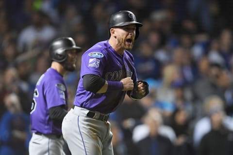 CHICAGO, IL – OCTOBER 02: Trevor Story #27 of the Colorado Rockies celebrates after scoring a run in the thirteenth inning to give the Rockies a 2-1 lead against the Chicago Cubs during the National League Wild Card Game at Wrigley Field on October 2, 2018 in Chicago, Illinois. (Photo by Stacy Revere/Getty Images)