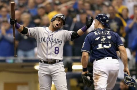 MILWAUKEE, WI – OCTOBER 05: Gerardo Parra #8 of the Colorado Rockies reacts after striking out during the sixth inning of Game Two of the National League Division Series against the Milwaukee Brewers at Miller Park on October 5, 2018 in Milwaukee, Wisconsin. (Photo by Dylan Buell/Getty Images)