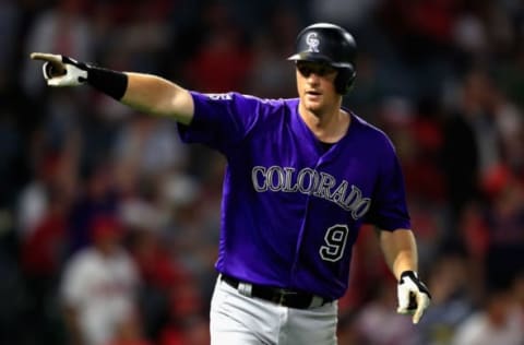 ANAHEIM, CA – AUGUST 27: DJ LeMahieu #9 of the Colorado Rockies reacts to hitting a grand slam during the eighth inning of a game against the Los Angeles Angels of Anaheim at Angel Stadium on August 27, 2018 in Anaheim, California. (Photo by Sean M. Haffey/Getty Images)