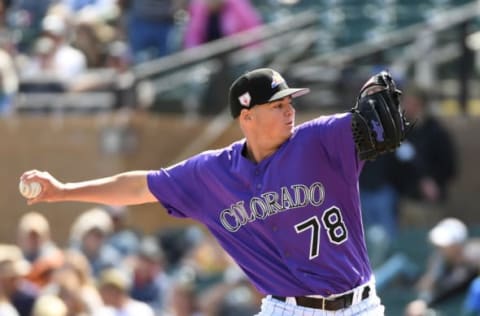 SCOTTSDALE, AZ – MARCH 15: Peter Lambert #78 of the Colorado Rockies delivers a first inning pitch during a spring training game against the Kansas City Royals at Salt River Fields at Talking Stick on March 15, 2019 in Scottsdale, Arizona. (Photo by Norm Hall/Getty Images)